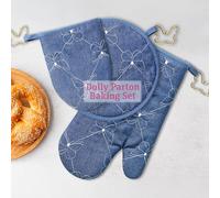 Dolly Parton Kitchenware Quilted Baking 3-Pack Oven Mitten Set - 100% Cotton Soft Durable Mini Mitt, Puppet Mitt and Pot Holder with Metal Grommet Butterfly Dolly Signed for Kitchen Décor (Denim)