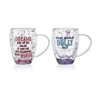 Dolly Parton Set of 2 Double Walled Butterfly Confetti Glass Coffee Tea Mugs Uplifting Sayings Large Handle Gift Box Included, 11.5 Ounce