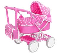 Dolly Tots Junior Dolls Pram Age 3+ in Pink Polka Dot | Children’s Toy Pushchair with Adjustable Hood, Matching Changing Bag & Under-Seat Storage | Foldable Travel Stroller for Kids Ages 3+