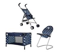 Dolly Tots Junior Nursery Playset | Navy & White 3 Piece Nursery Playset Doll Highchair, Stroller & Cot | Prams, Pushchairs and Dolls Accessories For Kids Boys & Girls | 3+