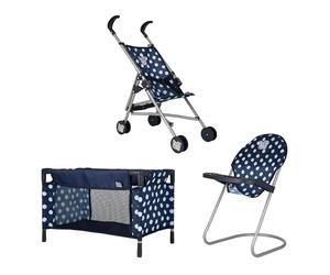 Dolly Tots Junior Nursery Playset | Navy & White 3 Piece Nursery Playset Doll Highchair, Stroller & Cot | Prams, Pushchairs and Dolls Accessories For Kids Boys & Girls | 3+