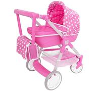 Dolly Tots Junior Roamer Dolls Pram | Pink Age 3+ Polka Dot Pushchair with Detachable Carry Cot, Adjustable Handle & Storage Basket | Includes Changing Bag | Toy Travel System for Kids Ages 3+