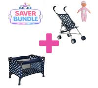 Dolly Tots Navy Travel Cot, Stroller & Doll Bundle