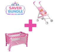 Dolly Tots Pink Travel Cot, Stroller & Doll Bundle