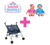 Dolly Tots Twin Dolls Stroller (Navy) + Twin Dolls Playset Bundle
