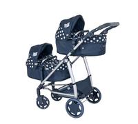 Dolly Tots Twin Pushchair | Navy Polka Dot Double Pushchair | Double Dolls Pram with Adjustable Height Handle And Multiple Seat Options | Foldable Childrens Dolls Pram | Suitable For Ages 3+