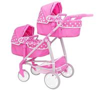Dolly Tots Twin Pushchair | Pink Polka Dot Double Pushchair | Double Dolls Pram with Adjustable Height Handle And Multiple Seat Options | Suitable For Ages 3+, 81 * 43.5 * 90cm