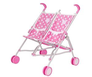 Dolly Tots Twin Stroller | Pink Polka Dot Double Dolls Pram for Kids Age 2+ | Tandem Pushchair | Lightweight Umbrella Fold Buggy | Role Play Toy Stroller for Girls & Boys