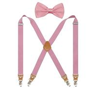 Doloise Suspenders Men&Women Bowtie Set X Back Suspender For Wedding&Formal Events with 1 Inch Wide Elastic Braces, Pink