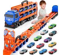 Doloowee Catapult Railcar Toys for 3-8+ Years Old Boys & Girls, Portable Transport Truck Toys with 12 Mini Race Cars