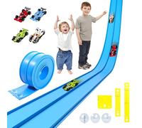 Doloowee Flexible Race Car Track, 3.9M DIY Car Track with 4 Cars, Race Car Ramp Track with Suction Cups, 3.9M Long Rolls Up Portable Racetrack