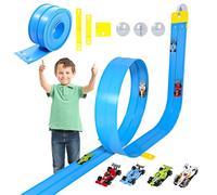 Doloowee Flexible Toy Car Track, 5M DIY Race Car Track with 4 Cars, Race Car Ramp with Suction Cups, Rolls Up Portable Racetrack, Toys for 3+ Years Old