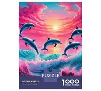 Dolphin 1000 Pc Recycled Paper Jigsaw Four Dolphins Leaping over Pink-purple Sunset Clouds Puzzle Adults Reusable Stress Relief Challenging Brain Teaser 38x26cm/1000pcs