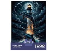 Dolphin 1000 Pc Sturdy Paper Board Dolphin near Lighthouse in Storm Puzzle Parent-Child Interactive Game Unique Artwork HD Printing 52x38cm/1000pcs