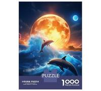 Dolphin 1000 Pc Thickened Paper Dolphin in Waves Under Orange Moon Puzzle Grown-Ups Relaxation Hobby Easy Store Engaging Brain Teaser 52x38cm/1000pcs