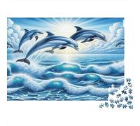 Dolphin 1000 Piece Cardboard Puzzle Dolphins Jump Ocean Waves Challenging Brain Teaser Adult Puzzle Enthusiasts Mental Stimulation Problem Solving Indoor Solo Activity 70x50cm/1000pcs