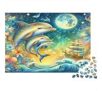 Dolphin 1000 Piece Cardboard Puzzle Dolphins Star Moon Sky Challenging Brain Teaser Adult Puzzle Enthusiasts Mental Stimulation Problem Solving Indoor Solo Activity 52x38cm/1000pcs