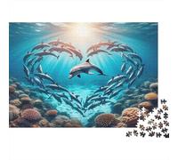 Dolphin 1000 Piece Premium Paper Jigsaw Puzzle Sustainable Dolphins Heart Coral Reef Unique Christmas Birthday Gift Family Adults & Kids Eco-Friendly Home Decoration 70x50cm/1000pcs