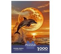 Dolphin 1000 Piece Recycled Paper Dolphin Leaping Toward Orange Moon Puzzle Adults Reusable Stress Relief Brain Teaser 70x50cm/1000pcs