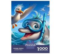 Dolphin 1000 Piece Recycled Paper Jigsaw Cartoon Dolphin & Seagulls in Ocean WavesPuzzle for Adults Reusable Stress Relief Challenging Fun Brain Teaser 70x50cm/1000pcs