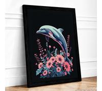 Dolphin Among Blooms Modern Framed Wall Art Print A3 (42×29.7cm) Black, Wall Decor for Living Room, Bedroom, Office & Home, Ready to Hang, Art Gift