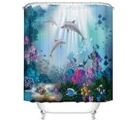 Dolphin and Ocean Life Shower Curtain, Blue Sea World Colorful Underwater Fishes Coral Ocean Animal Seabed Decorations Bath Curtain with 12 Hooks (Curtain)