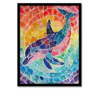 Dolphin and Rainbow Mosaic Pattern Watercolour Framed Wall Art Artery8 Multi A4