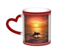 Dolphin and sunset Coffee Mug with Handle 11 Oz, Color Changing Cups In The Sky, Heat Sensitive Magic Funny Art Mug, Unique Coffee Tea Cup Porcelain Mugs Gift for Women Men Red