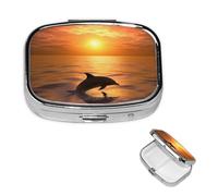 Dolphin and Sunset Pill Box 2 Compartment Square Portable Pill Case for Pocket or Purse Pill Holder Weekly Pill Organizer Decorative Metal Medicine Vitamin Organizer Travel Gift