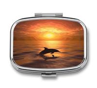 Dolphin and Sunset Pill Box Medicine Pill Organizer Small Pill Case Travel Pill Container Portable Pill Case for Pocket 2 Compartment Pill Holder Pill Boxes for Travel