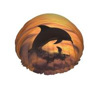 Dolphin and sunset Shower Cap Reusable Elastic Bath Caps Waterproof Bath Hair Hat for Women Men Spa Salon Large Shower Bonnet Double Layer Bathing Hair Cap for Long Hair, Braids