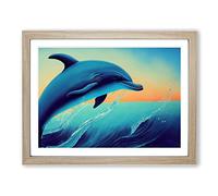 Dolphin at Sunrise Framed Print | A3 Oak Framed Wall Art | Ready to Hang | Modern Animal Picture | Living Room Bedroom Lounge Office