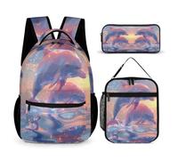 Dolphin Backpack Set with Lunch Tote and Pencil Case for Girls Age 9, Sea Creature School Bag 3 Piece Set Year 2-4 for Boys Outdoor Learning Family Trips and Weekend Adventures