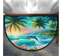 Dolphin Beach Palm Trees Half Round Mat Half Moon Door Rug Washable Durable Semi Circle Carpet Floor mats for Indoor Outdoor Bathroom Kitchen Patio Hearth Rug Laundry Room Home Decoration