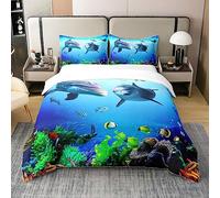 Dolphin Bedding 100% Cotton Ocean Marine Themed 100% Cotton Duvet Cover for Kids Sea Creatures Breathable Hawaiian Sealife Blue Duvet Set Sea Animal Print Room Decor Quilt Cover Double Size Zipper