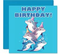 Dolphin Birthday Cards for Her Him - Party Animals Pyramid - Happy Birthday Card for Mum Dad Brother Sister Auntie Uncle Cousin Friend Family Colleague 145mm x 145mm Bday Greeting Cards