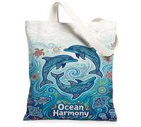 Dolphin Canvas Tote Bag for Women, Ocean Colorful Turtle Fish Summer Blue Washable Reusable Market Tote Bag Ideas for Family Friends Colleagues Reading Loves 13x15 Inch