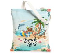 Dolphin Canvas Tote Bag for Women, Summer Tropical Coconut Surfboard Summer Blue Washable Reusable Market Tote Bag Ideas Fo, Blue, 13x15 Inch
