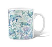 Dolphin Ceramic Coffee Mug, Ocean Fanciful Turtle Starfish Summer Aqua Novelty Hot Chocolate Mug with Handle Ideal for Friends Family Lovers Eldership Senior Co-worker 11 Oz