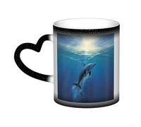 Dolphin Coffee Mug with Handle 11 Oz, Color Changing Cups In The Sky, Heat Sensitive Magic Funny Art Mug, Unique Coffee Tea Cup Porcelain Mugs Gift for Women Men Black