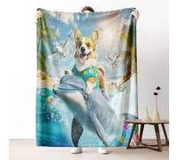 Dolphin Corgi Flannel Blanket Queen Warm Soft, Hilarious Funny Animal Blankets 90"x90" Lightweight, Summer Ocean Surfing Fleece Blanket Cozy Washable for Bedroom Sofa Camping Travel Home Decor