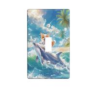 Dolphin Corgi Surfing Light Switch Cover Plate, Blue Tropical Beach Single Toggle Wall Plates, Summer Tropical Decor, Ocean Fun, Standard Size Thermoplastic Plate Cover Single Toggle