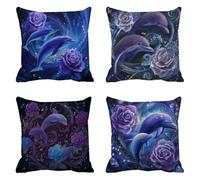 dolphin Cushion Covers 85cm x 85cm Set of 4, Purple Outdoor Cushions, Velvet Sofa Cushions, Waterproof Cushion Covers, Square Decorative Pillows with Invisible Zipper, for Livingroom Patio t-243