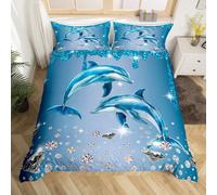 Dolphin Duvet Cover Set Blue Sequin Fluid Art Single Bedding Sets for Girls,Crystal Diamond Comforter Cover Sea Animal Bed Set,Coastal Creature Ocean Decor