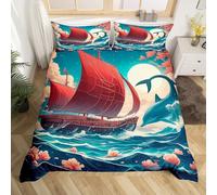 Dolphin Duvet Cover Set Twin Size,Sailboat Ocean Animals Bedding Set for Boys Girls,Japanese Ukiyo-e Cherry Blossom Romantic Comforter Cover,Nautical Adventure Quilt Cover,1 Pillowcase(No Filler)