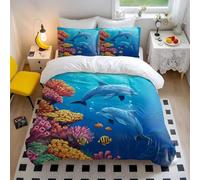 Dolphin Duvet Cover Under the Sea Bedding Set with Colorful Coral Reefs Soft Microfiber Ocean Themed Duvet Cover for Kids Bedroom Decor (style1,King 240x220cm+65x65cm*2)