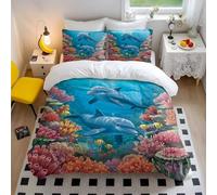 Dolphin Duvet Cover Under the Sea Bedding Set with Colorful Coral Reefs Soft Microfiber Ocean Themed Duvet Cover for Kids Bedroom Decor (style2,Double200x200cm+65x65cm*2)