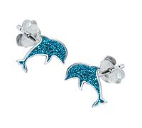 Dolphin Earrings with Blue Sparkly Glitter 925 Sterling Silver