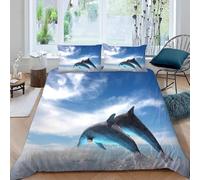 Dolphin Emperor Size Duvet Cover Set Marine Animals Bedding 290x235 3D Soft Comfort Microfiber Quilt Cover with Zipper Closure and 2 Pillowcases for Teens and Adults F.860