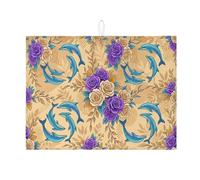 Dolphin Floral Dish Drying Mats for Kitchen Counter, Blue Dolphin Vintage Rose Absorbent Mat, Summer Tropical Microfiber Pad for Kitchen Coffee Bar 18x24 Inch